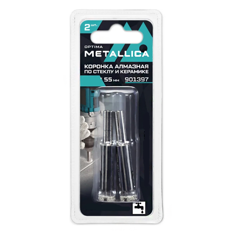 Коронки алмазные METALLICA Optima 10x55 мм, #80, по стеклу, плитке, 2 шт, в блистере Коронки алмазные METALLICA Optima 10x55 мм, #80, по стеклу, плитке, 2 шт, в блистере